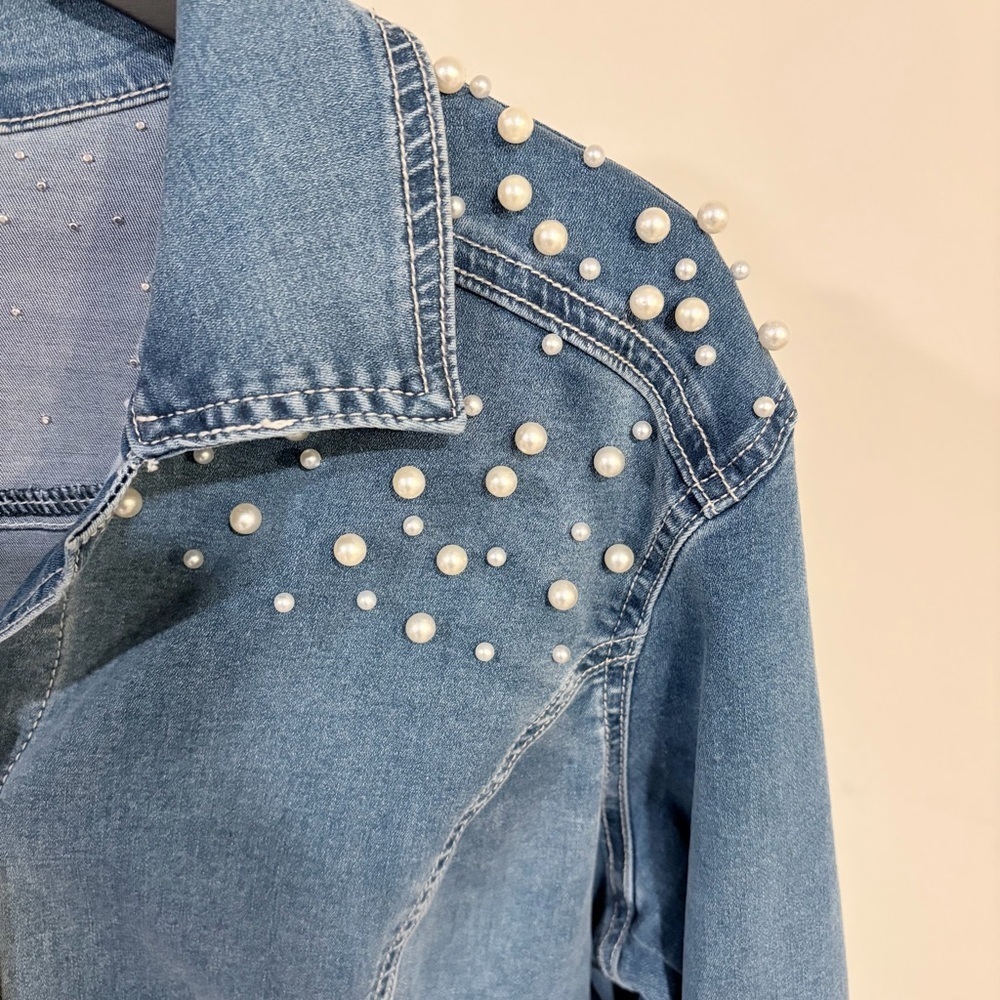 Glam Vintage Pearl Chic Denim Jean Stretchy Jacket Feminine Western Y2K Large - Picture 2 of 15